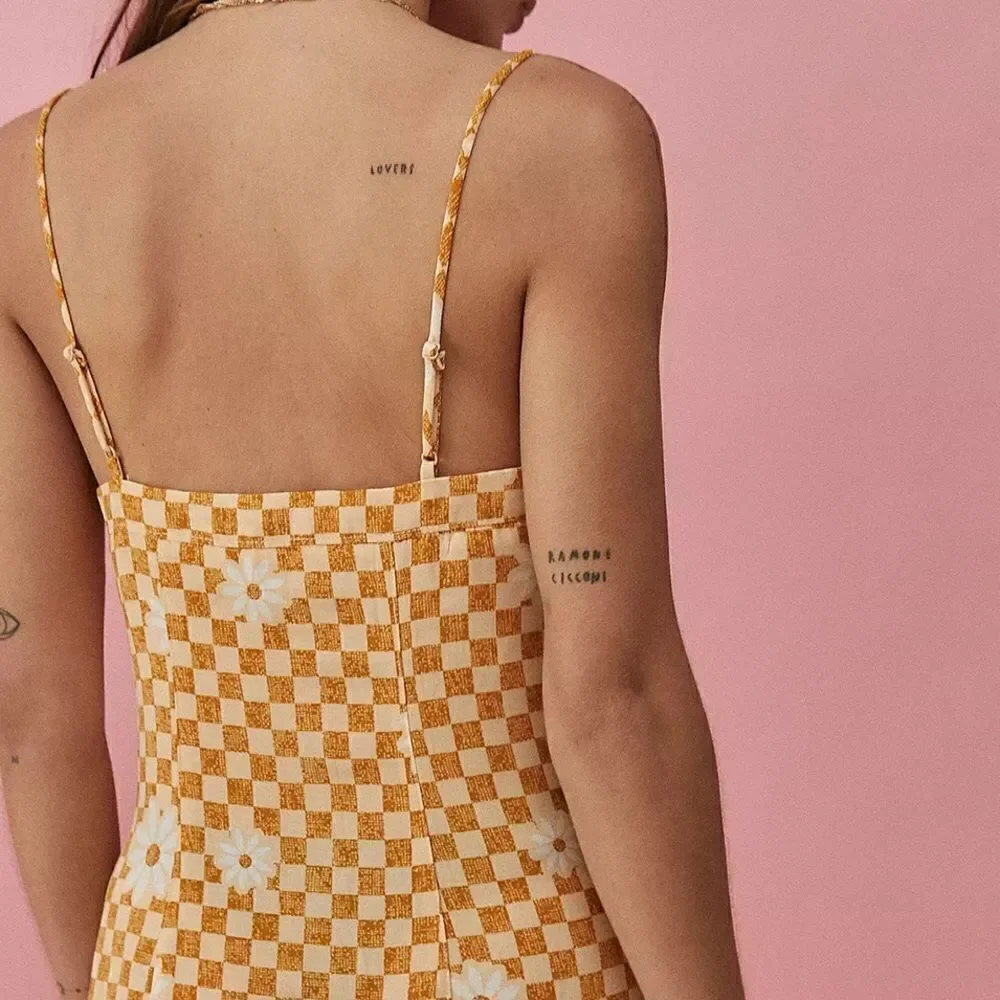 UO XS Lumi Daisy Gold Beige Check Print Spaghetti Strap Mini Bodycon Dress